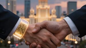 Рукопожатие с золотой монетой и силуэтом Москва-Сити как тренды обмена криптовалют Московской области 2026