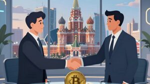 Сделка в футуристичном офисе для безопасного обмена BTC на наличные в Москве 2026 года
